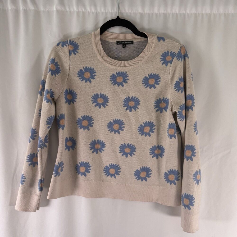 Adrianna Papell Sweater Women's Small Ivory Floral Crew Neck Pullover Stretch